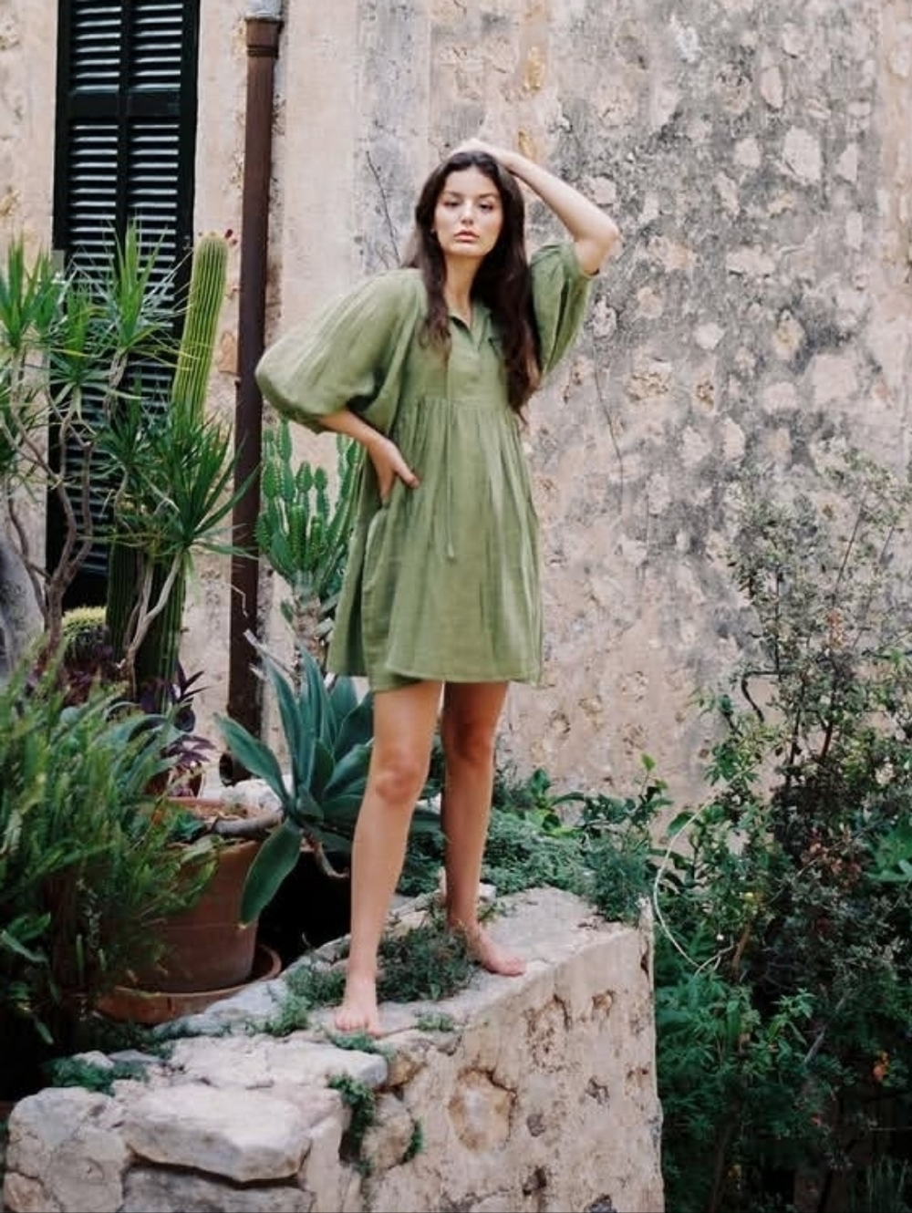 Daughters of India Kyra Mini Dress Fern Green Crinkle Cotton Gauze Large